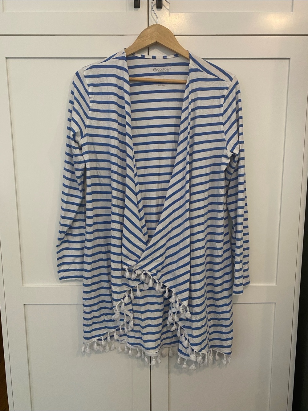 Coolibar White Blue Striped Tassel Trim Swim Beach Cover-Up UPF 50+ Size Medium